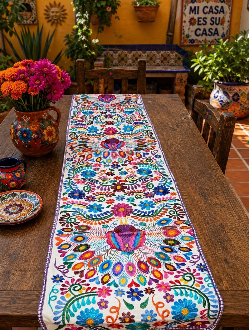 Hand-Embroidered Multicolor Floral Table Runner